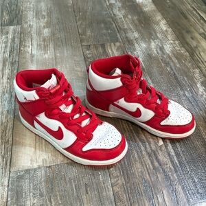 Youth Red & White Nike Dunk High Tops - Size 1